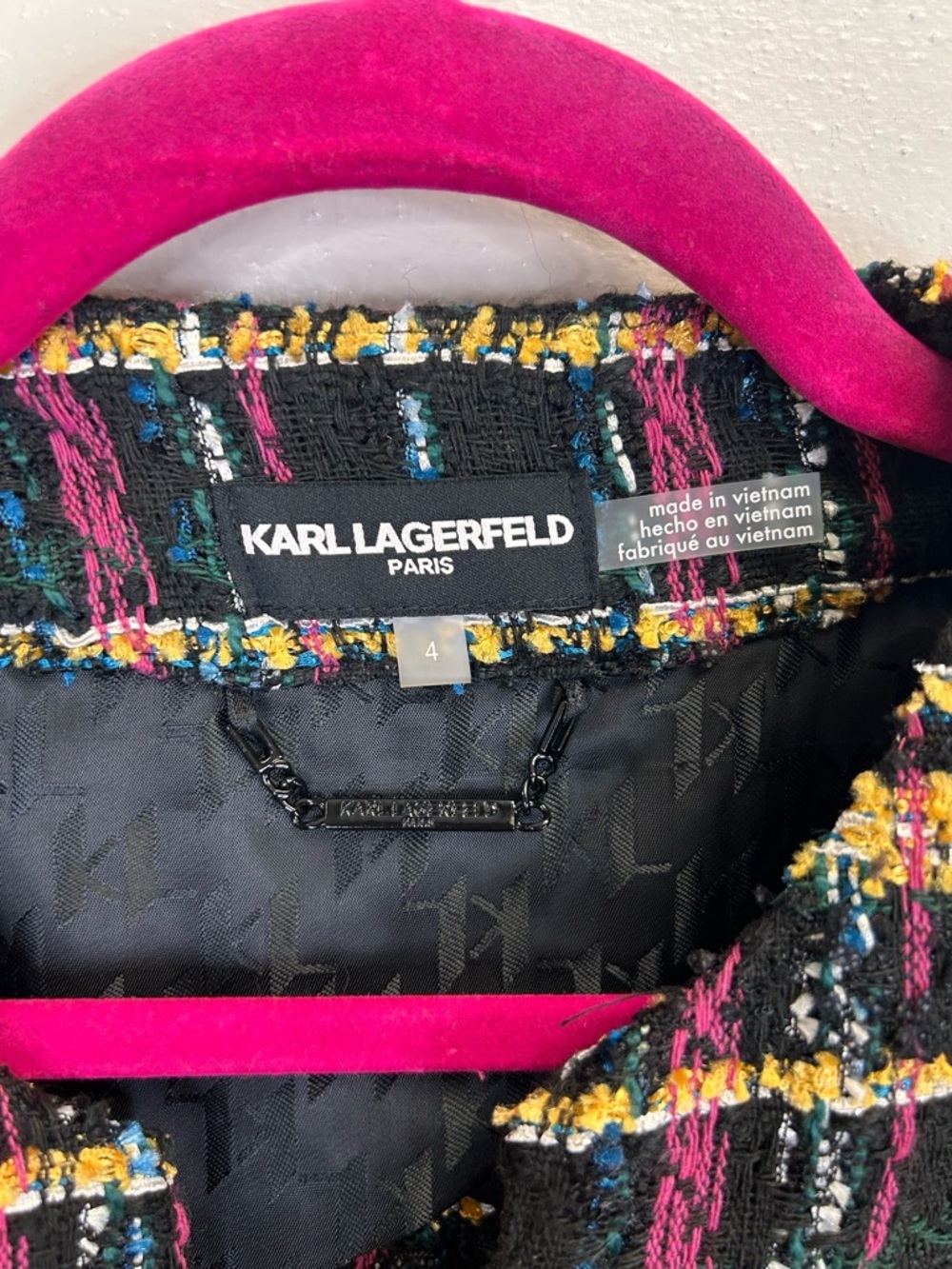Karl Lagerfeld Multicolor Tweed Cropped Blazer Size 4 Luxury Designer Career - Picture 7 of 15